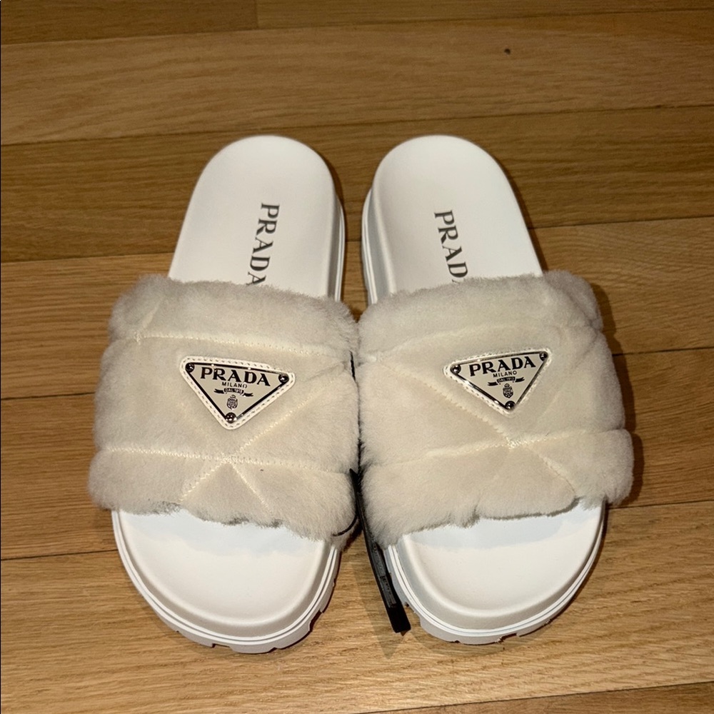 NWT Prada White Shearling slides